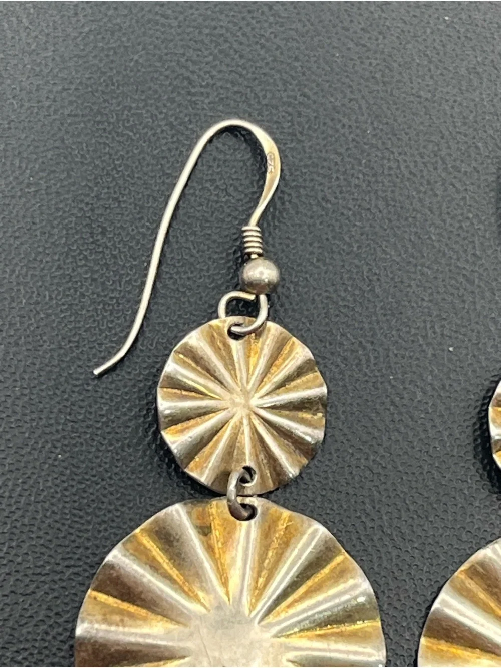 Gold washed sterling silver textured round scalloped dangle vintage earrings